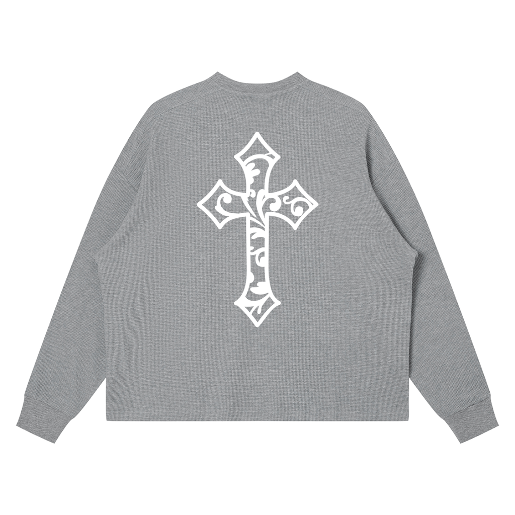 Cross Design Waffle Boxy Long Sleeve T-Shirt