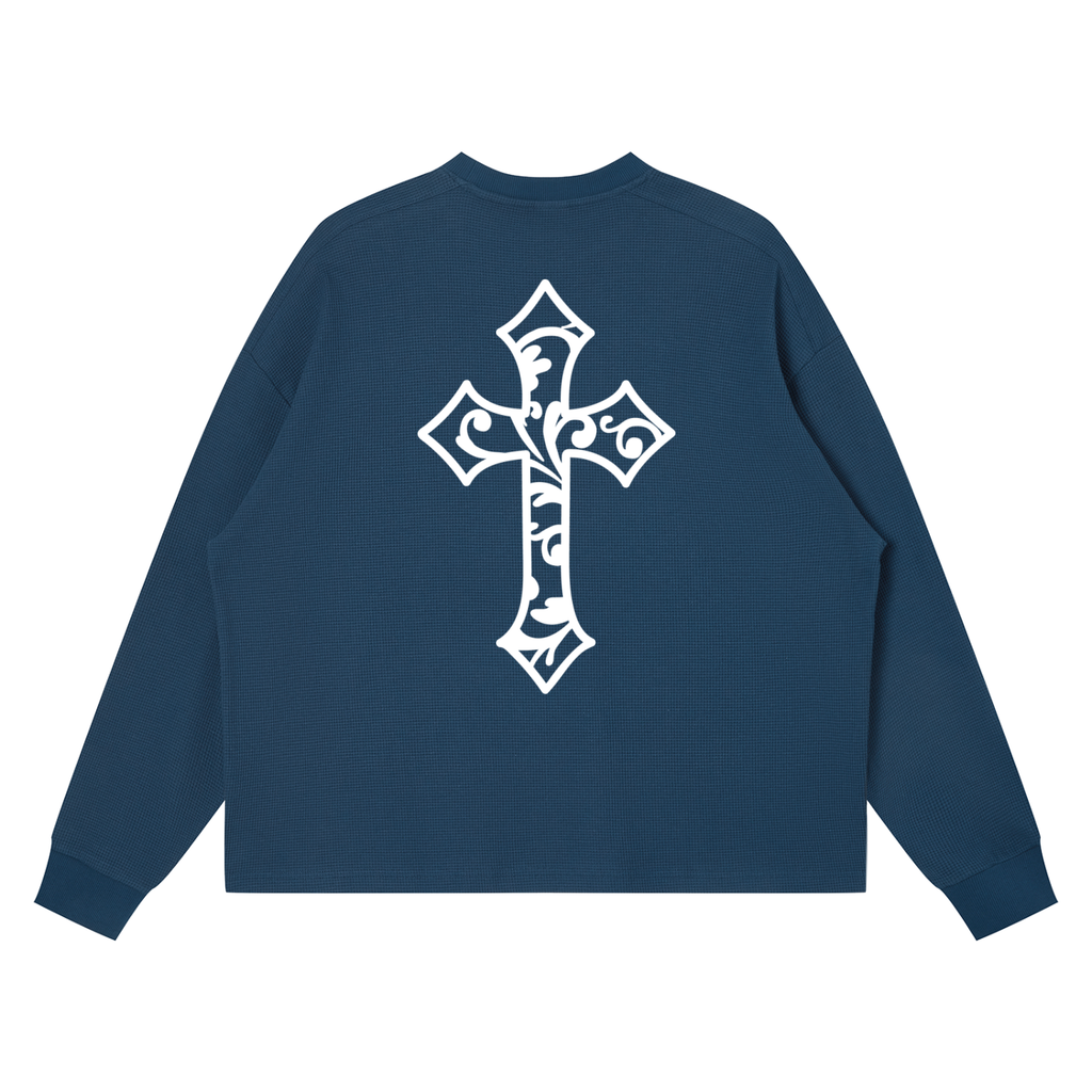 Cross Design Waffle Boxy Long Sleeve T-Shirt