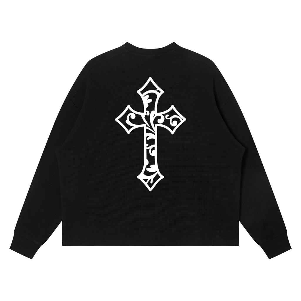 Cross Design Waffle Boxy Long Sleeve T-Shirt